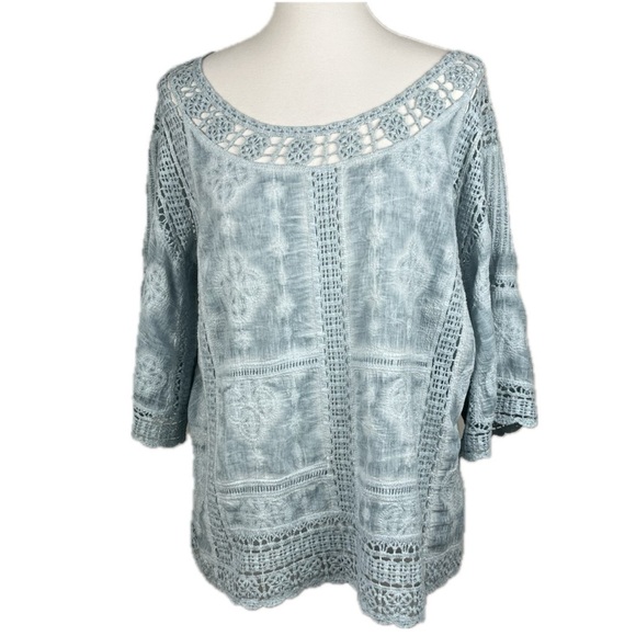 Democracy Blue Mineral Washed Cotton Crochet Lace Top Kimono Sleeve Sz L Boho - Picture 1 of 15